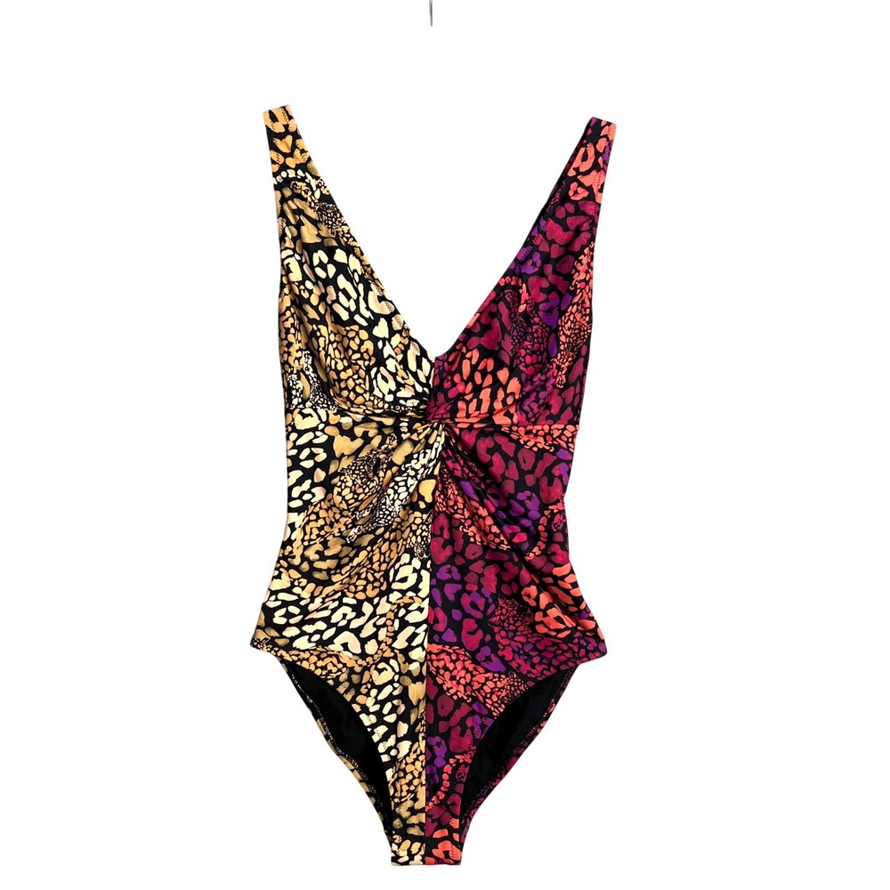 Johnny Was One Piece Leopard Print Swimsuit Size S Multicolor Twist Front NEW